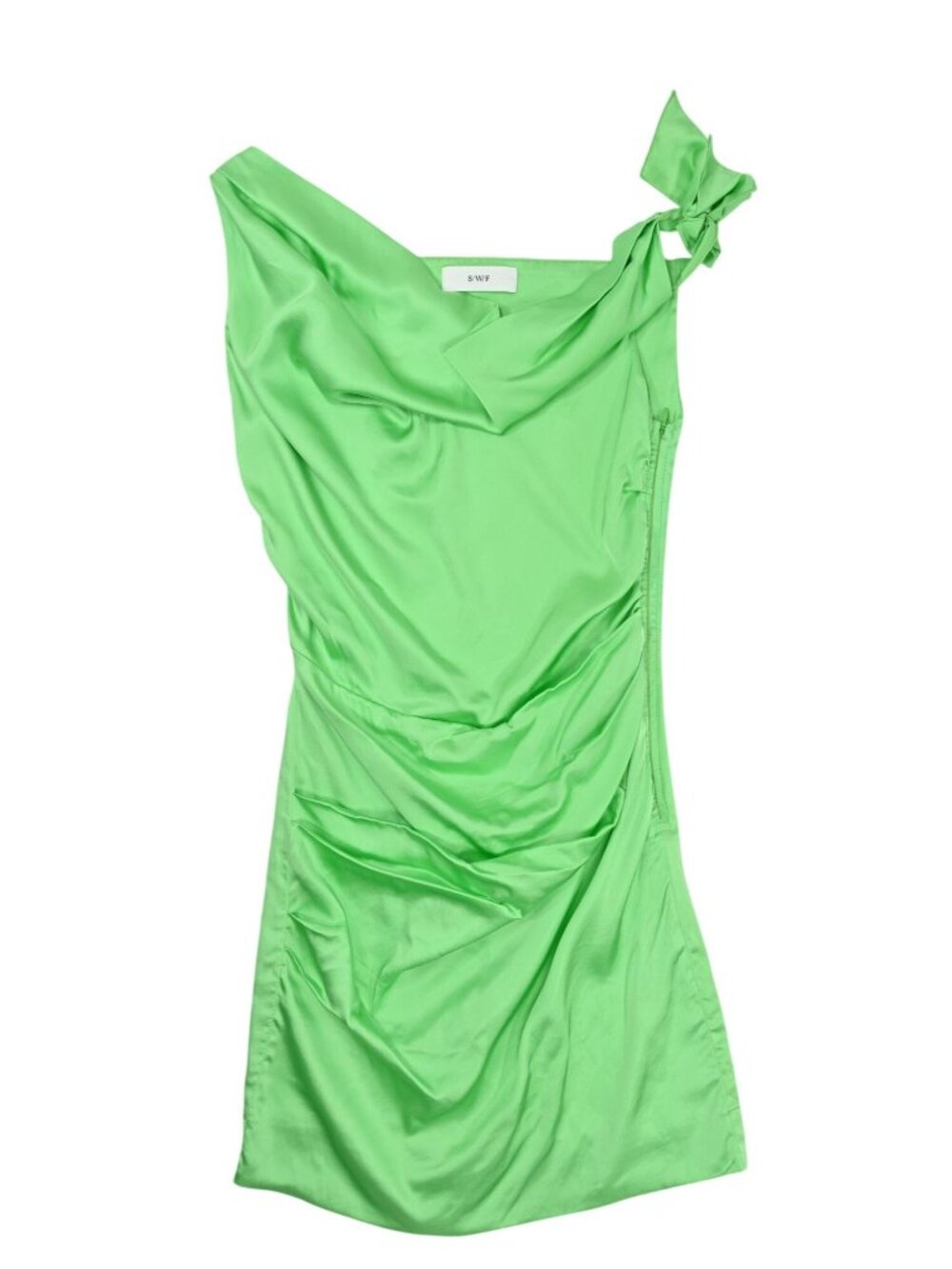 S/W/F Ruched One Shoulder Mini Dress in Sunlit Moss